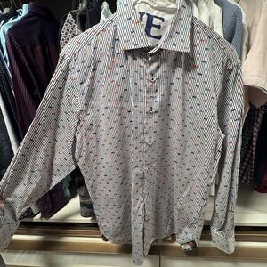 Men's Striped Button-Down Shirt - Red and Blue Accents